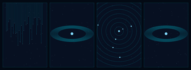 Abstract space banner set, minimalist dark blue galaxy poster vector collection, cosmic science backgrounds with planetary rings © Gypsy Grapher