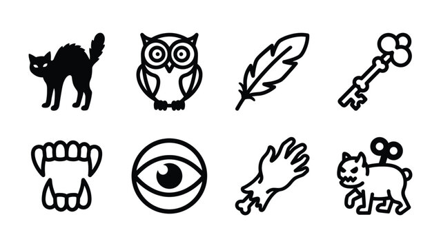 Halloween Icons Collection: A set of spooky and whimsical icons featuring a black cat, owl, feather, key, fangs, eye, hand, and a wind-up toy dog, perfect for festive and mysterious designs