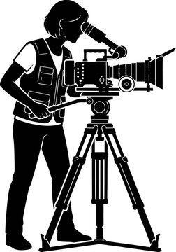 Black and white vector illustration of a professional female videographer operating a cinema video camera on a sturdy tripod   