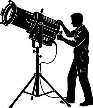 Black and white vector silhouette of a technician adjusting a professional stage spotlight on a tripod, isolated   
