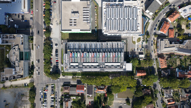 Aerial view of a major data center cluster in Frankfurt, Germany, showing facilities supporting cloud computing, AI workloads and public sector infrastructure.