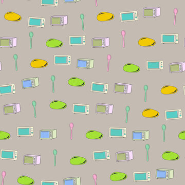 Seamless pattern of cartoon microwaves, spoons, and oval shapes
