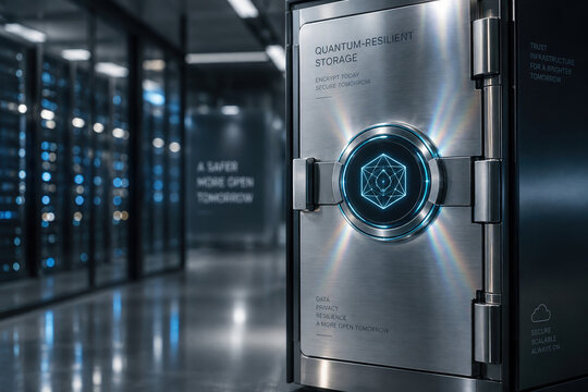 Quantum-resilient storage vault door with geometric lock interface representing post-quantum encryption cloud security enterprise data protection and resilient backup infrastructure