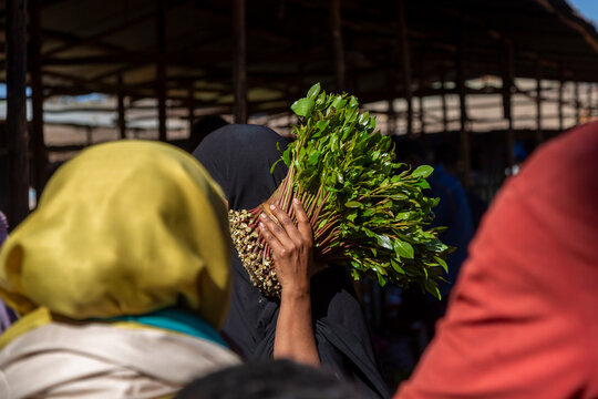Woman carrying khat leaves at a market, Harar, Ethiopia