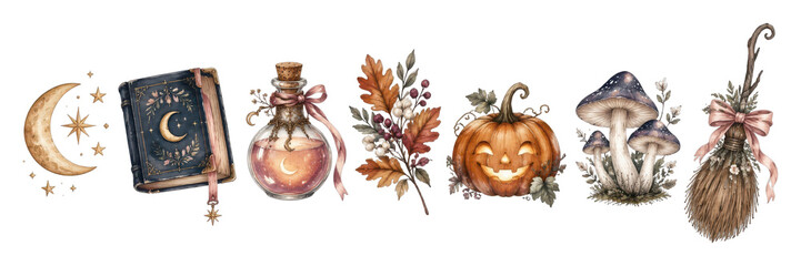 Fototapeta premium PNG Vintage Halloween clipart collection with moon, book, potion, pumpkin