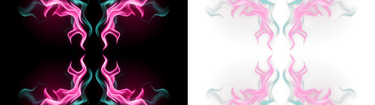 Abstract symmetrical composition of pink and teal smoke or flame patterns, presented in a splitscreen view with both black and transparent background variations