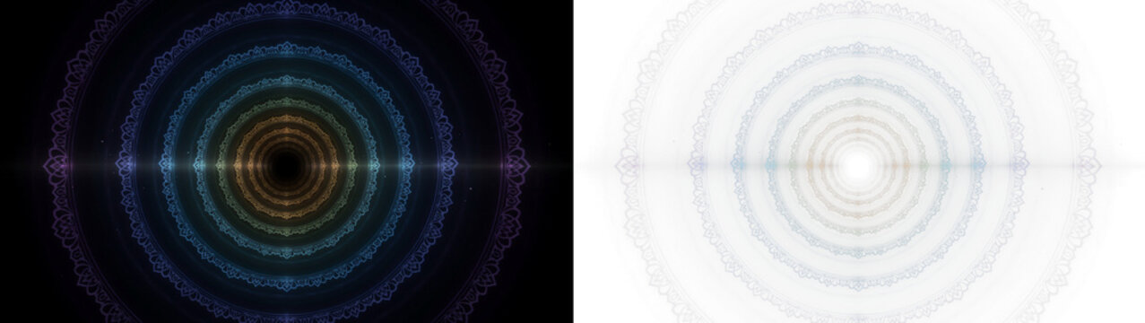 Abstract circular mandala pattern with glowing light effects, featuring concentric ornate rings in a tunnel perspective on black and transparent backgrounds
