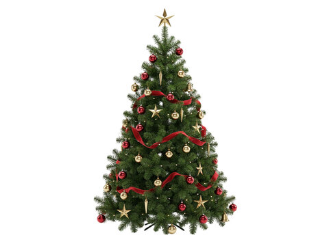 Decorated christmas tree with red ribbons isolated on transparent background