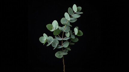 Eucalyptus branch photo with fresh green leaves on black background © MDJakar
