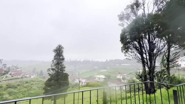 Wet winding mountain road surrounded by lush green forest and tall trees in dense fog, scenic misty hill landscape with smooth asphalt curves, a quiet woodland atmosphere and peaceful monsoon scenery.