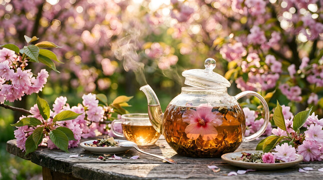 Blooming Flower Tea in Glass Teapot Outdoor | Fresh Herbal Tea with Spring Cherry Blossoms | Relaxation Garden Herbal Tea Time