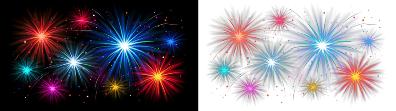 Colorful festive fireworks display on black and transparent backgrounds, bright starburst explosions with sparkling light trails for celebration and holiday design elements