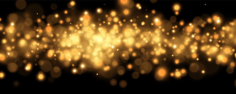 A dense cluster of glowing golden bokeh lights floats horizontally. The soft, circular shapes vary in size and intensity against a dark backdrop. This luminous effect provides a warm.