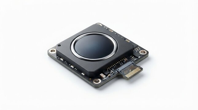 Fingerprint sensor module photo, biometric scanner hardware isolated on white background