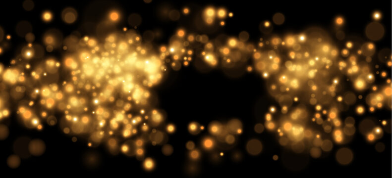 A scattering of golden bokeh lights creates a soft glowing effect against a black background. The lights are densely packed with varying sizes and intensity.