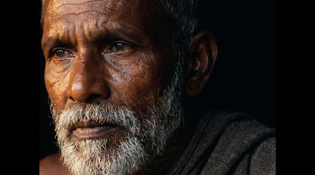Extreme close-up portrait of an elderly man with a grey beard featuring detailed skin texture and dark shadows