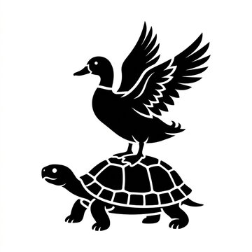 Black silhouette of a duck standing on a turtle shell isolated on white background