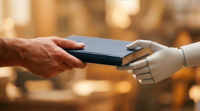 A human hand giving a hardcover book to a futuristic robotic cyborg hand against a warm blurred library background, conceptualizing digital education, artificial intelligence, and knowledge transfer.