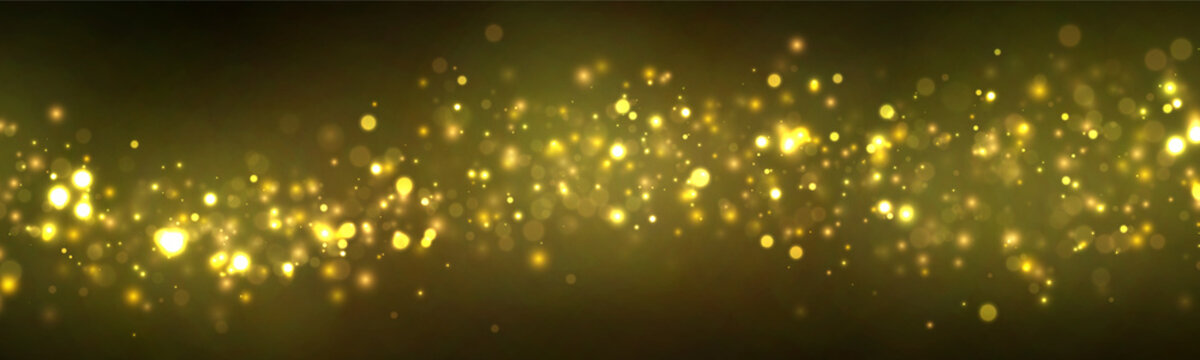 Scattered golden bokeh lights create a shimmering horizontal band across a dark backdrop. The glowing spots vary in size and intensity, producing a soft, sparkling effect.