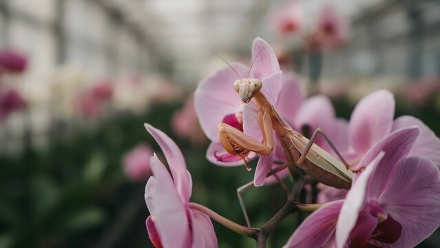 Ultra-realistic macro image of a pink orchid mantis perfectly camouflaged among blooming orchid flowers