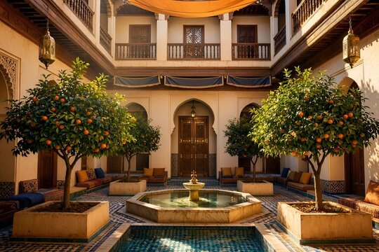 Luxury Moroccan riad courtyard, traditional riad with fountain, orange trees, authentic Marrakech riad, Moroccan architecture