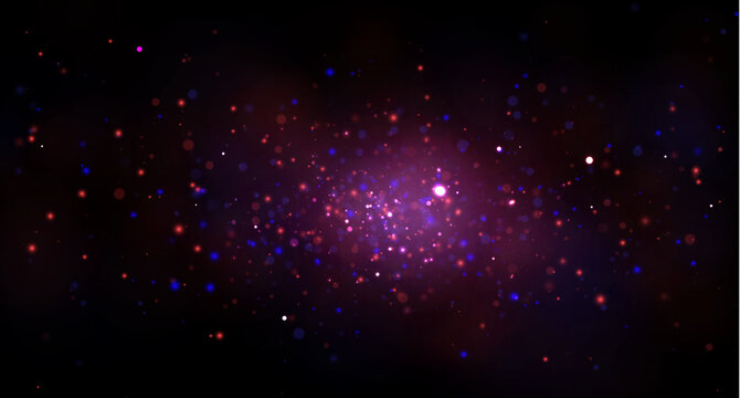 A cluster of glowing particles forms a vibrant cosmic-like effect. The particles display varying intensities of red, blue, and purple hues scattered on a dark background.