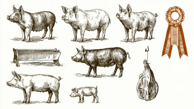 This hand drawn sketch shows various pig breeds in profile, a feeding trough, a piglet, and ham, set against a white background.