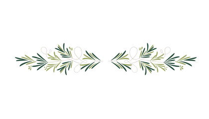 Obraz premium Symmetrical olive green botanical divider with delicate leaf sprigs and elegant curl stems on white background.