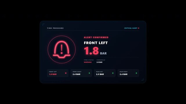 A premium gaming-style automotive dashboard alert featuring a dynamic tire pressure warning icon, diagnostic scan, pressure drop animation, affected tire indicator, and escalating low-pressure warning