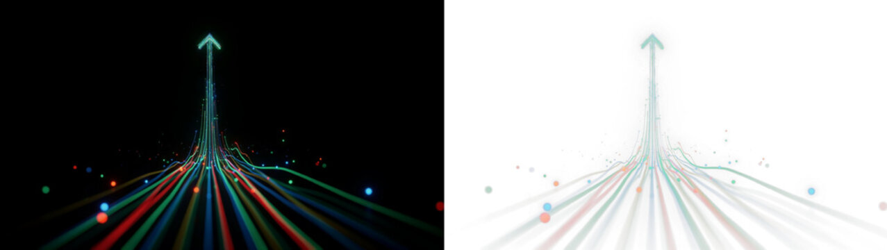 Abstract digital data flow converging into a glowing upward arrow symbol representing growth, success, and business development, split view dark and light background isolated on transparent background