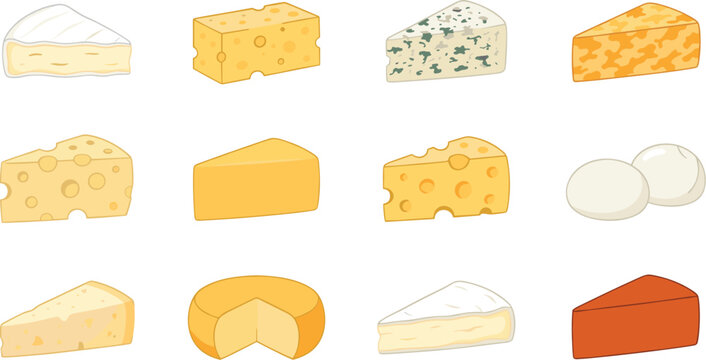 Various Types of Delicious Cheese Varieties Vector Set featuring Camembert, Brick, Dorblu, Cheddar, Swiss Emmental, Mozzarella, Parmesan, Gouda, Brie, and Red Leicester Illustrations
