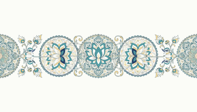 Intricate traditional indian paisley border pattern featuring mandala circles and stylized lotus flowers in teal and gold.