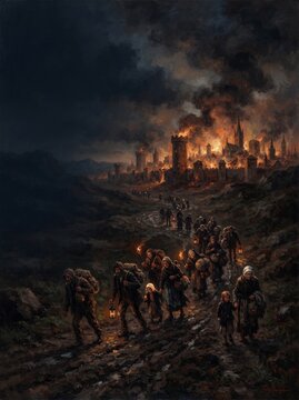 Dark fantasy book cover art featuring an army attacking a burning stone castle with siege engines under stormy sky