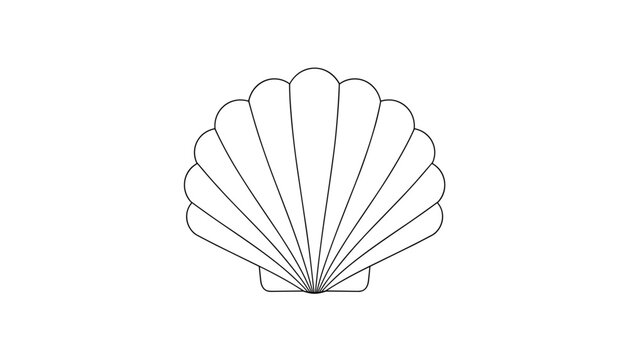 Elegant black line art illustration of a classic scallop seashell isolated on a plain white background.