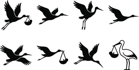 Obraz premium Stork bird silhouette icon vector set showcasing flying herons and cranes carrying newborn babies for baby shower invitations, pregnancy announcements, and nursery room decor.