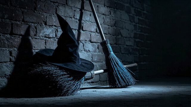 Classic black witch hat resting on rustic broomstick against wall