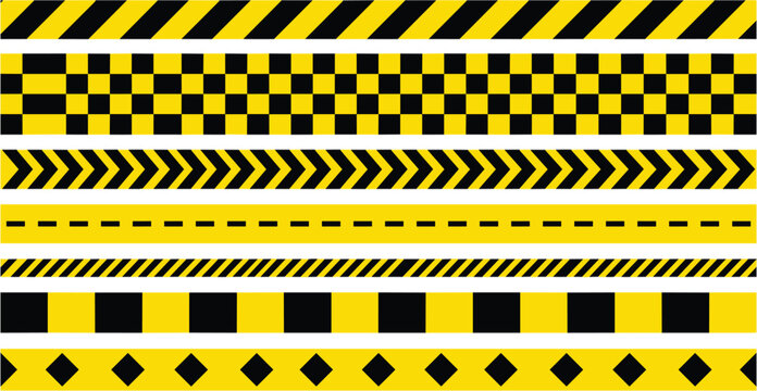 Yellow and Black Caution Tape Vector Set featuring Diagonal Hazard Stripes, Checkered Police Ribbons, Chevron Danger Borders, and Construction Warning Lines Banner
