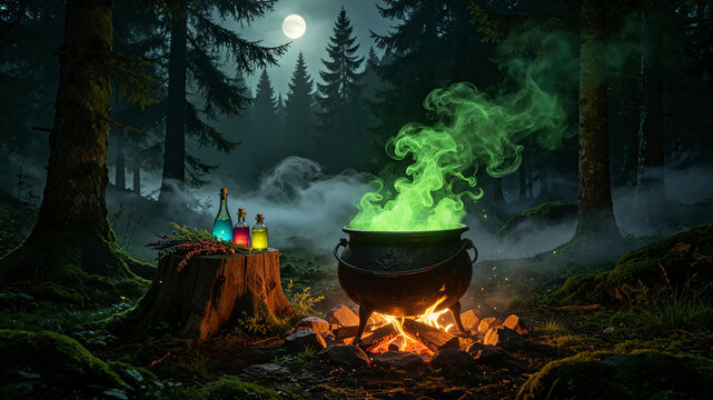 Witch cauldron bubbling with green magic potion in dark forest