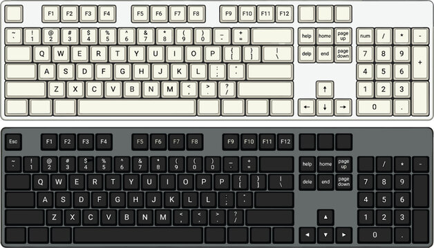 Modern Computer Keyboard Vector Illustration featuring Light and Dark Keycaps Layout, Function Keys, Numeric Numpad, Arrow Keys, and Mechanical Keyboards Set for Technology Design