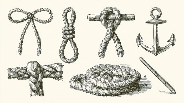 Hand drawn sketches show various knots and rope work including bowline knot, cleat hitch, anchor knot, coiled rope, and marlinspike tool.