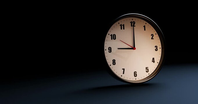 Analog clock ticking and showing time passing in dark background with warm light and copy space