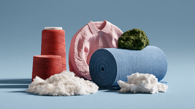 Textile manufacturing raw materials including cotton fiber spools pink fabric and blue foam padding with thread spools fabric roll production supplies textile industry fabric texture industrial