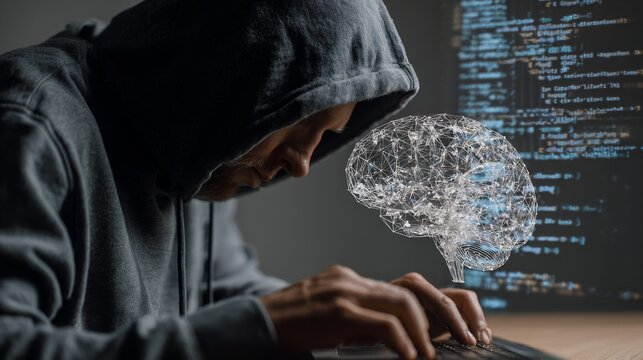 A hooded figure hunched over a laptop, with a digital brain overlay and streaming code