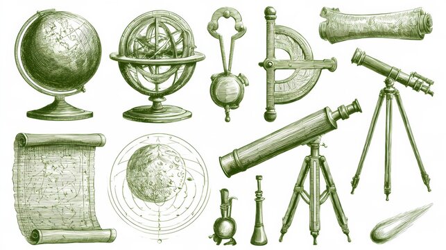 Sketch features celestial instruments and astrology elements including globes, telescopes, and star charts on a white background.