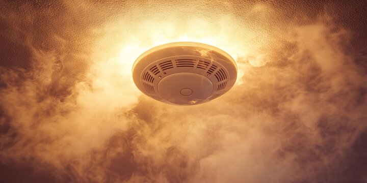 Smoke alarm or heat detector triggered mounted on a residential household ceiling with fire smoke.