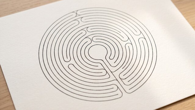 Minimalist circular labyrinth drawn with ink on a white paper sheet, strategy concept