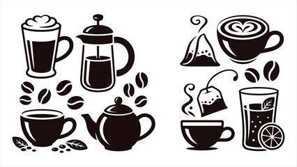 Obraz premium Set of coffee and tea icons with various cups pots and beverage elements in flat black style