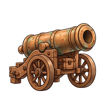 Cute antique cannon on wooden wheels vector illustration, Adorable vintage pirate cannon isolated on white background, Hand drawn historical artillery weapon graphic element for kids storybook
