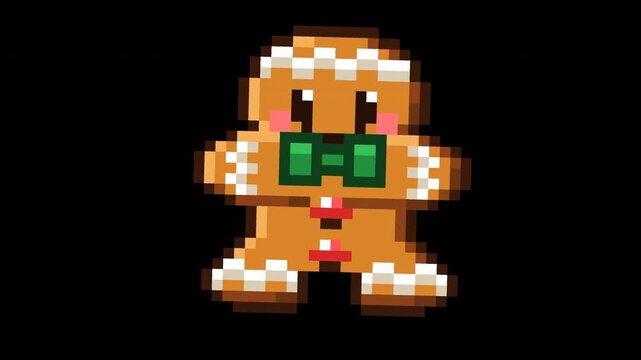 High detail pixel art Christmas gingerbread cookie character illustrated in clean 128x128 modern pixel art style with perfectly proportional wide arms, layered white icing, green bow tie, red gumdrop
