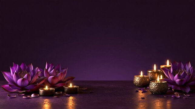 Purple lotus flowers and glowing tea light candles on a dark purple background, creating a peaceful spa or meditation atmosphere